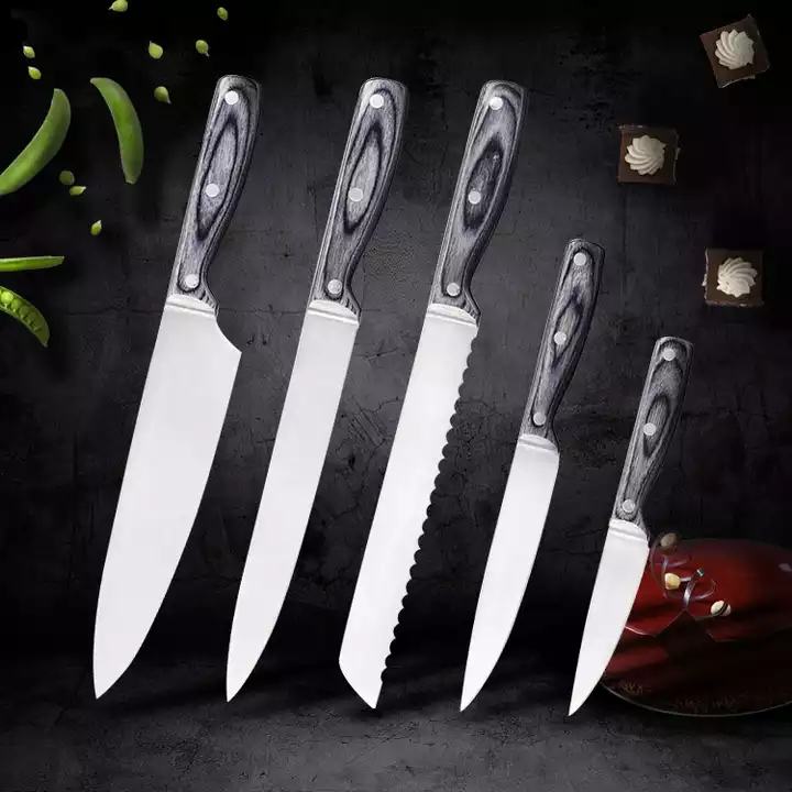 Kõrge standardiga roostevabast terasest noakomplekt Chef Knife Utility Noakomplekt Paka puidust käepidemega 